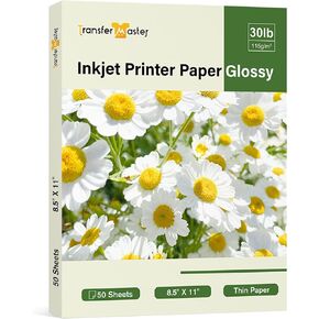 Glossy Thin Inkjet Photo Paper 8.5x11 Inch 30lb for DIY Chip Bags Flyers Photos Pictures 115gsm 50 Sheets for Inkjet Printers Dye Ink Letter size Single-Side Printing by Transfer Master