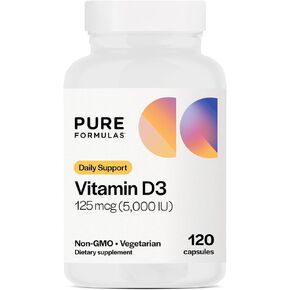 PureFormulas Vitamin D3 5,000 IU 125 mcg - Pure Vitamin D Supplement for Healthy Bone Formation, Teeth, Cardiovascular Health, and Immune Support Non-GMO - 120 Count Vegetarian Capsules
