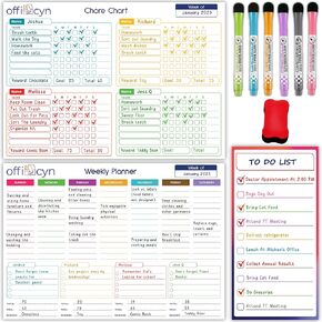 Magnetic Dry Erase Chore Chart for Kids Multiple Kids Whiteboard Set (3-Pack) for Fridge, Wall & Refrigerator- Daily, Weekly Planner with to-Do List, 6 Markers & Large Eraser as Bonus