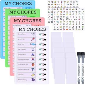 4 Pieces Dry Erase Chore Chart Reusable To Do List Checklist Board ADHD Tools for Kids with 2 Erasable Markers Stickers Detachable Cardstock for Home Routine Planning (My Chores)