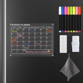 تقويم شهري مغناطيسي من الأكريليك الشفاف من HBlife للثلاجة، لوحة تخطيط للمسح الجاف مقاس 12 × 16 للثلاجة تتضمن 8 أقلام تلوين ملونة وحامل أقلام تحديد ومنديل in Kuwait