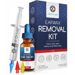 Earwax Removal Kit with Ear Syringe and Ear Olive Oil Drops by Medi Grade - Reusable Ear Cleaning Kit - Ear Wax Syringe and 3 x Soft Quad-Stream Ear Wax Removal Syringe Tips – Ear Cleaner for Home Use