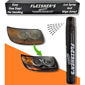 FLEISHER’S ORIGINAL HEADLIGHT RESTORATION SPRAY – Cleans yellow haze off car headlights One step kit No sanding or tools Saves the original UV coating! Just spray the headlight and wipe off with towel