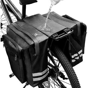 Bike Rear Rack Double Pannier Bag, 30L Waterproof Bicycle Trunk Bag, Bike Pannier Bag with Reflective Trim, for Grocery Shopping Commuter Long Cycling Trip (Black)