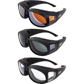 3 Pairs of Global Vision Outfitter Padded Motorcycle Safety Sunglasses Z87.1 Anti-fog Over-The-Glasses Black Frame w/Clear Smoke & Driving Mirror Lenses