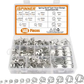 ISPINNER 140pcs 6-25mm Spring Band Type Fuel Line Silicone Vacuum Hose Pipe Clamp, 12 Sizes Low Pressure Air Clip Clamp