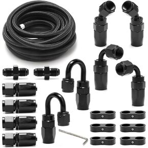 4AN Fuel Line Kit,10FT Nylon Stainless Steel Braided Fuel Hose+10pcs 4AN Hose Fitting Kit+6pcs 4AN Hose Separator Clamp+2pcs 4AN to 4AN Male Coupler Adapter Straight Fitting