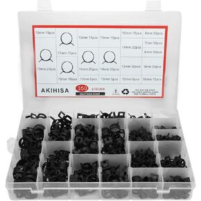AKIHISA 350 Pcs 6-19mm Spring Hose Clamp, Spring steel 65Mn Fuel Hose Clamp, 14 sizes for Silicone Vacuum Fuel Oil Hose Line Clamps