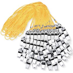 Kingdder 100 Pcs Metal Referee Whistle Bulk for Coach Whistles for Adults with Lanyard Stainless Steel Sports Whistle Emergency Loud Sound Whistle for Teachers Polices School Sports