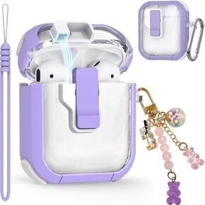 Clear Case for AirPods 2nd/1st Generation, Automatic Snap Switch Secure Lock AirPod Case Cover for Apple AirPods 2&1 Gen Charging Case with Metal Keychain,Army Green