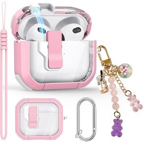 Clear Case for AirPods 3 Gen Case 2021, Automatic Snap Switch Secure Lock Airpod Case Cover for Apple Airpods 3rd Generation Charging Case with Metal Keychain,Army Green