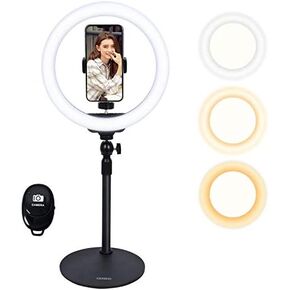 10" Desktop Selfie Ring Light with Stand and Phone Holder for iPhone Android, 3 Light Modes Dimmable LED Ringlight for YouTube/Video Shooting/Streaming/Makeup with Remote Shutter Black