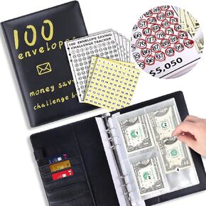 AIERSA 100 Envelopes Money Saving Challenge Binder Kit, Fun Budget Binder Book Organizer with Cash Envelopes for 100 Day Cash Stuffing, Budgeting, Money Saving Box Replacement, Black