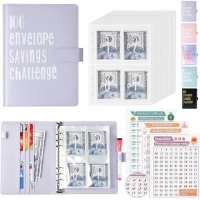 ONEDONE Savings Challenges Book with Envelopes 100 Money Saving Challenge Binder A5 w/Erasable Marker for Cash Saving Money Saving Binder to Save $5,050, 10,000, 500 Blue