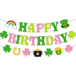 St. Patrick’s Day Happy Birthday Banner Shamrock Lucky One Two Lucky Four Leaf Clover Theme Party Decorations for Kids Boy Girl Irish Saint Patrick’s Bday Party Supplies(Green)