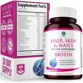 1 Body Hair Skin and Nails Vitamins with Biotin – Contains 26 Vitamins, Minerals and Herb Extracts – Hair and Nail Growth, Glowing Skin Supplements Formula for Men and Women – 60 Vegan Capsules