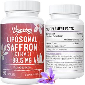 Liposomal Saffron Supplements - 100% Pure Saffron Extract 88.5 mg, Better Bioavailability - 60 Veggie Capsules, Made in USA