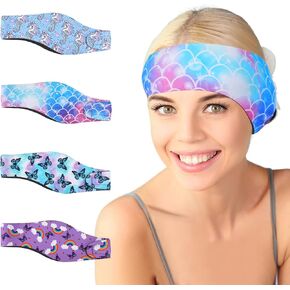 4 Pcs Swimming Headbands for Adults, Adjustable Swimming Ear Protection Bands Cute Cartoon Waterproof Swim Headbands for Women Swimmers Aged 8 and up, Head Circumference 21.7-23.6 Inch