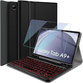 Backlit Keyboard Case for Samsung Galaxy Tab A9 Plus 11 Inch 2023 (SM-X210/X216/X218) with Screen Protector, 7 Colors Light Detachable Wireless Keyboard & PU Folio Cover Case for 11" Tab A9+