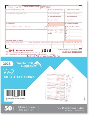 Blue Summit Supplies 50 W2 Forms, Copy A Only, 2023 Tax Forms for Reporting Employee Wages, Designed for QuickBooks and Accounting Software, 50 Forms (25 Sheets, 2 Forms Per Sheet) in Saudi Arabia