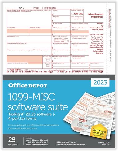 نماذج ضرائب الليزر 1099-MISC من العلامة التجارية Office Depot® مع برنامج، 4 أجزاء، 2-Up، 8-1/2 بوصة × 11 بوصة، حزمة مكونة من 25 مجموعة نماذج in Saudi Arabia