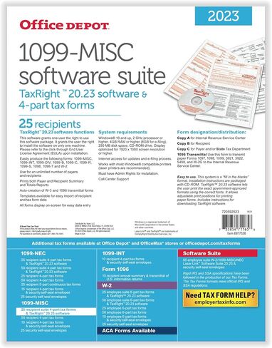 نماذج ضرائب الليزر 1099-MISC من العلامة التجارية Office Depot® مع برنامج، 4 أجزاء، 2-Up، 8-1/2 بوصة × 11 بوصة، حزمة مكونة من 25 مجموعة نماذج in Saudi Arabia