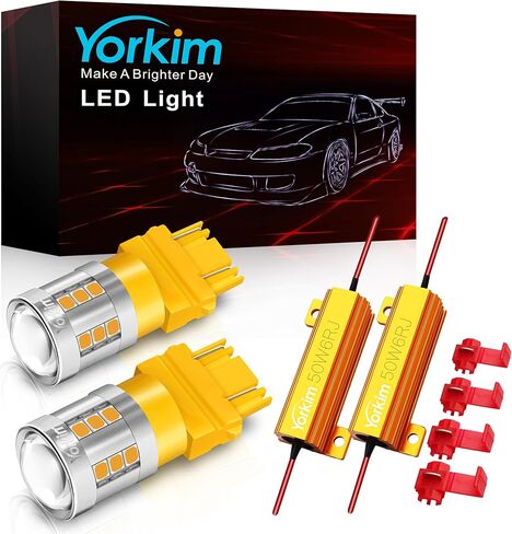 يوركيم 3157 لمبة LED العنبر تأتي مع مقاومات تحميل لحل مشكلة الفلاش المفرط أو رمز الخطأ، 3156 لمبة ليد العنبر 3457 4157 استبدال لمبة LED لأضواء وميض إشارة الانعطاف، حزمة من 2 in Kuwait