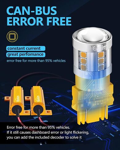 يوركيم 3157 لمبة LED العنبر تأتي مع مقاومات تحميل لحل مشكلة الفلاش المفرط أو رمز الخطأ، 3156 لمبة ليد العنبر 3457 4157 استبدال لمبة LED لأضواء وميض إشارة الانعطاف، حزمة من 2 in Kuwait
