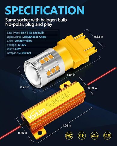 يوركيم 3157 لمبة LED العنبر تأتي مع مقاومات تحميل لحل مشكلة الفلاش المفرط أو رمز الخطأ، 3156 لمبة ليد العنبر 3457 4157 استبدال لمبة LED لأضواء وميض إشارة الانعطاف، حزمة من 2 in Kuwait