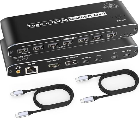 مفتاح NEWCARE من النوع C KVM لجهازي كمبيوتر محمول يشاركان شاشة واحدة، محطة إرساء مفتاح KVM مع 7 منافذ USB-A، 2 شحن USB-C 100 وات، منفذ RJ45، Thunderbolt KVM يدعم 4K@60 هرتز مع HDMI وDP للكمبيوتر المحمول in Kuwait