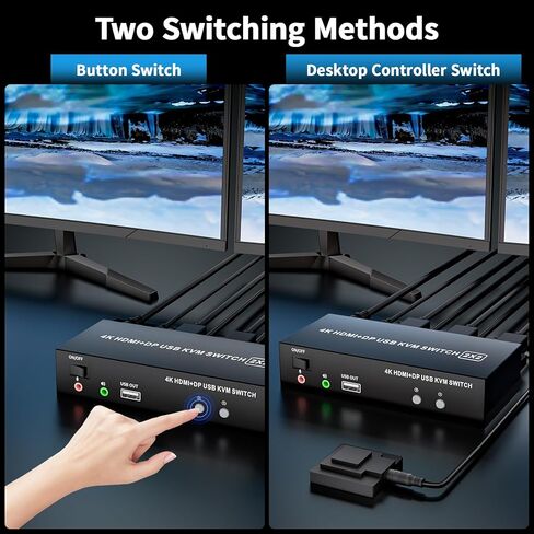 USB HDMI Displayport KVM Switch 2 شاشات 2 جهاز كمبيوتر، 4K @ 30 هرتز USB DP 1.4 KVM Switch مع صوت صغير، شاشة مزدوجة تدعم وضع ممتد/مرآة، 2 منفذ لمشاركة جهازي كمبيوتر مجموعة واحدة من طابعة لوحة المفاتيح والماوس in Saudi Arabia