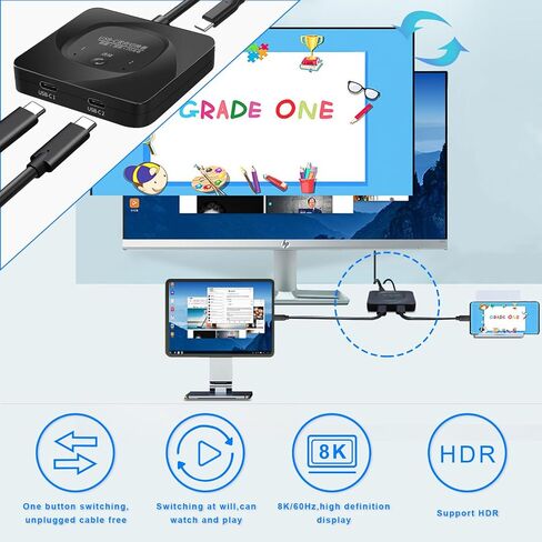 محول USB C، 8K 60 هرتز 2 في 1، مقسم نقل بيانات USB3.1 من النوع C، نقل بيانات 10 جيجابت في الثانية PD 100 وات، محدد تبديل شاشة توصيل الطاقة مع مؤشر الطاقة لأجهزة الكمبيوتر in Kuwait