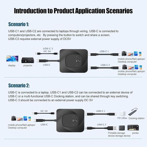 محول USB C، 8K 60 هرتز 2 في 1، مقسم نقل بيانات USB3.1 من النوع C، نقل بيانات 10 جيجابت في الثانية PD 100 وات، محدد تبديل شاشة توصيل الطاقة مع مؤشر الطاقة لأجهزة الكمبيوتر in Kuwait