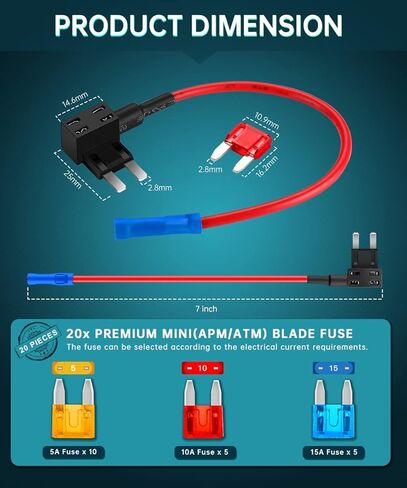 ELECTOP 20 Pack 12V Car Add-a-Circuit Fuse Tap Mini Fuse Adapter Kit, Mini Fuse Taps Automotive ATM APM Fuse Holder Connector with 5A/10A/15A Blade Fuses and Cable Ties for Cars Trucks Boats in Saudi Arabia