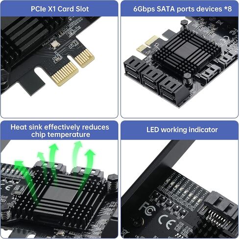 بطاقة PCIE إلى SATA 3.0 2X ذات 10 منافذ، وبطاقة توسيع PCIE إلى SATA III بسرعة 6 جيجابت في الثانية، ورقائق ASM1166+JMB575 in Kuwait
