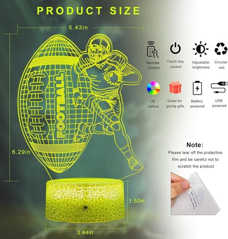 ضوء ليلي لكرة القدم، مصباح LED وهمي ثلاثي الأبعاد لكرة القدم الأمريكية، مصباح كرة قدم 16 لونًا متغيرًا للإضاءة الديكورية للأولاد والبنات هدية عيد الميلاد والعطلات (كرة القدم) in Saudi Arabia