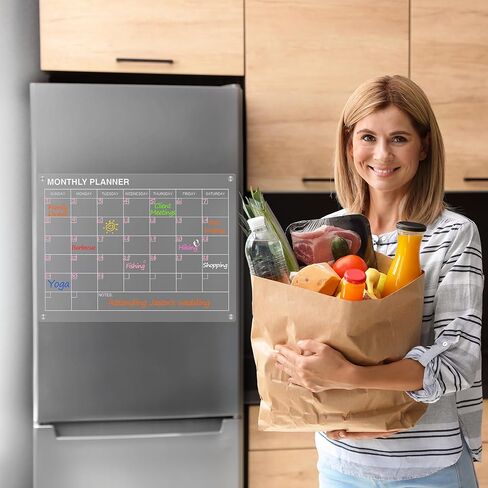 تقويم شهري مغناطيسي من الأكريليك الشفاف من HBlife للثلاجة، لوحة تخطيط للمسح الجاف مقاس 12 × 16 للثلاجة تتضمن 8 أقلام تلوين ملونة وحامل أقلام تحديد ومنديل in Kuwait
