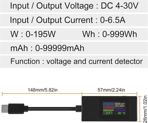 1 قطعة من النوع C USB-C اختبار التيار متر 4-30 فولت 5 فولت 12 فولت 24 فولت 0-6.5 أمبير 120 واط عداد الطاقة المتعدد مقياس التيار الكهربائي نوع C شاحن USB اختبار سعة عرض اللون محول الشحن السريع (النوع C أسود) in Saudi Arabia