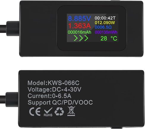 1 قطعة من النوع C USB-C اختبار التيار متر 4-30 فولت 5 فولت 12 فولت 24 فولت 0-6.5 أمبير 120 واط عداد الطاقة المتعدد مقياس التيار الكهربائي نوع C شاحن USB اختبار سعة عرض اللون محول الشحن السريع (النوع C أسود) in Kuwait