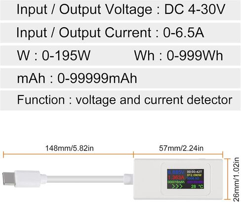 1 قطعة من النوع C USB-C اختبار التيار متر 4-30 فولت 5 فولت 12 فولت 24 فولت 0-6.5 أمبير 120 واط عداد الطاقة المتعدد مقياس التيار الكهربائي نوع C شاحن USB اختبار سعة عرض اللون محول الشحن السريع (النوع C أسود) in Saudi Arabia