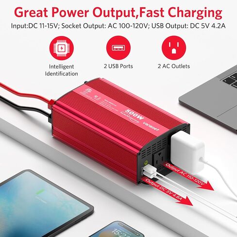 500W Pure Sine Wave Power Inverter, DC 12V to 110V AC Car Plug Inverter Adapter with 4.2A Dual USB Charging Ports and 2 AC Outlets Car Charger (Black) in Kuwait