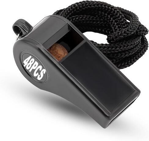 صافرة المدرب السوداء مع الحبل، 48 حزمة صافرة حكم كرة القدم في حالات الطوارئ مثالية للمدربين والمعلمين والحكام والتدريب والطوارئ in Kuwait