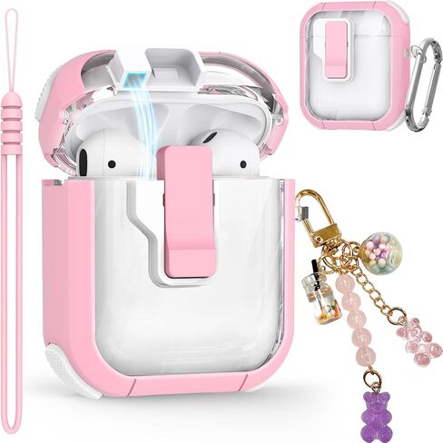 Clear Case for AirPods 2nd/1st Generation, Automatic Snap Switch Secure Lock AirPod Case Cover for Apple AirPods 2&1 Gen Charging Case with Metal Keychain,Army Green in Saudi Arabia
