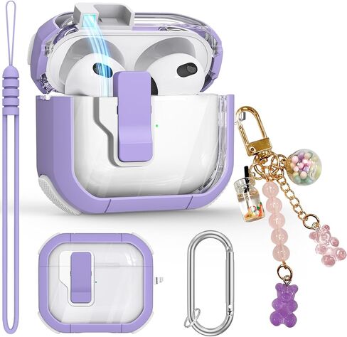 Clear Case for AirPods 3 Gen Case 2021, Automatic Snap Switch Secure Lock Airpod Case Cover for Apple Airpods 3rd Generation Charging Case with Metal Keychain,Army Green in Kuwait