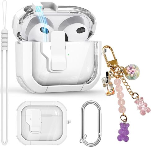 Clear Case for AirPods 3 Gen Case 2021, Automatic Snap Switch Secure Lock Airpod Case Cover for Apple Airpods 3rd Generation Charging Case with Metal Keychain,Army Green in Saudi Arabia