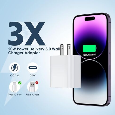كتلة شاحن سريع iPhone 15، 【3 عبوات】وحدة شاحن حائط USB C بقدرة 20 واط، كتلة شحن فائقة السرعة 20 واط، محول PD 3.0 من النوع C لهاتف iPhone 15 Pro Max/iPhone 14 Plus/13/12/11/AirPods/iPad Pro/Air/ ميني in Saudi Arabia