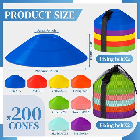 Sratte 200 Pcs Soccer Cones with Strap and Mesh Bag Agility Disc Cones Soccer Training Cones Disc Sports Cones for Drills Challenge Football Basketball Skating Kids Games Outdoor Indoor in Kuwait