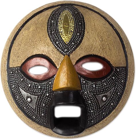 قناع خشبي أفريقي مصنوع يدويًا من NOVICA مستدير مع لمسات من النحاس والألومنيوم باللون البني والأسود غانا "العين الثالثة" in Saudi Arabia