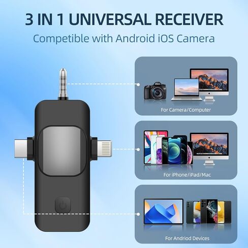 ميكروفون لافالير لاسلكي لهواتف iPhone، وAndroid، وiPad، والكاميرا، وميكروفون صغير 2.4 جيجا هرتز، جهاز استقبال 3 في 1 لتسجيل الفيديو/Vlog/TikTok/YouTube/مقابلة/بث مباشر in Saudi Arabia
