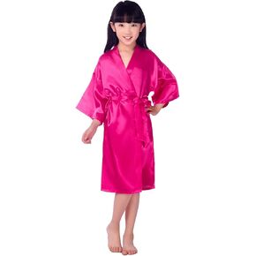 Yesky Children's Silk Stain Pure Kimono Wedding Dressing Gown Kimono Robes Bridal Lingerie Sleepwear (12, Navy Color)